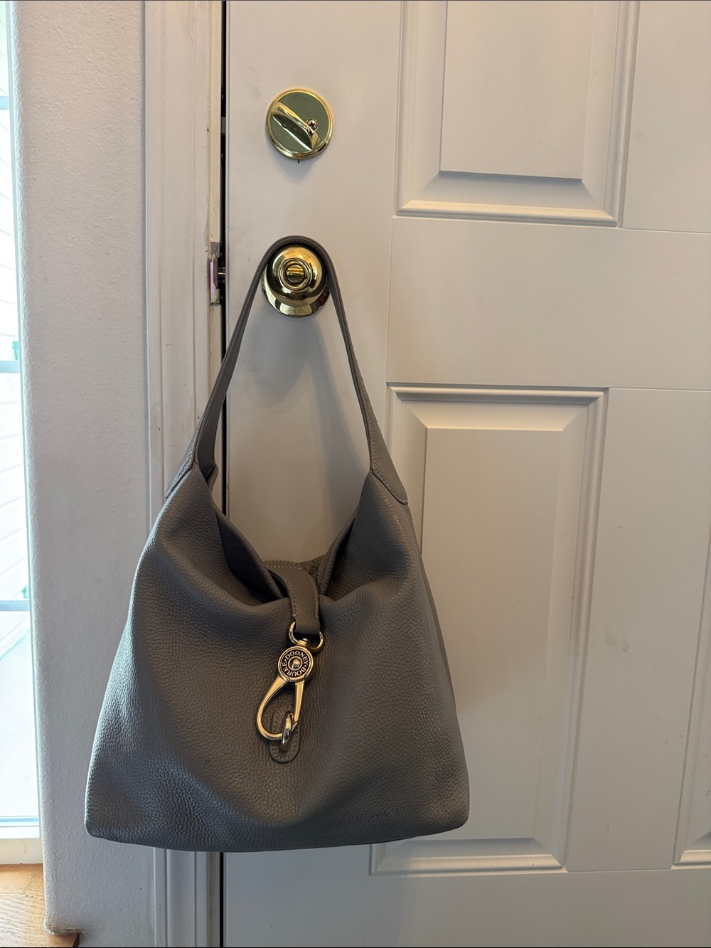 Dooney and Bourke Gray Leather Hobo Bag with Gold Hardware and pink interior.